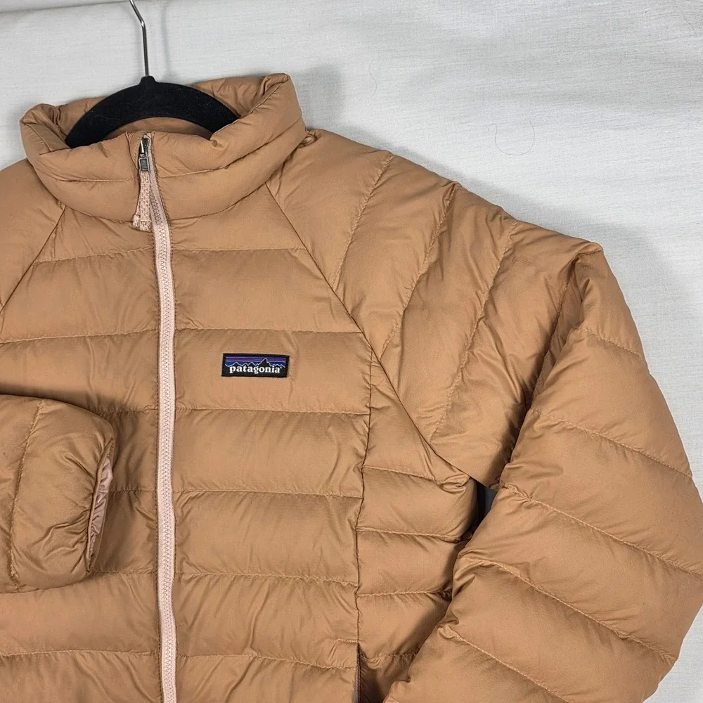 Patagonia‎ Down 600 Fill Jacket Kids XL Tan Pink Puffer Hoodless Full Zip Warm